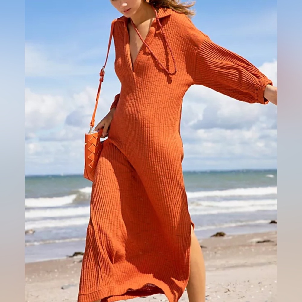 Free People Ribbed Midi Dress in Burnt Orange